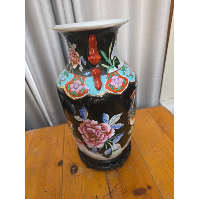 Ceramic Vintage Chinese Famille Noire Porcelain Baluster Vase on Stand For Sale - Image 7 of 8