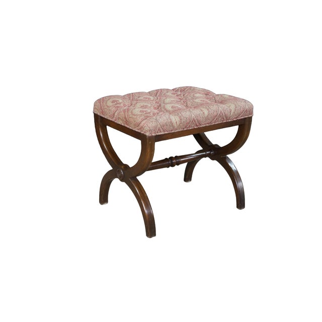 English Antique English Regency Mahogany X Frame Paisley Tufted Ottoman Stool Bench For Sale - Image 3 of 18