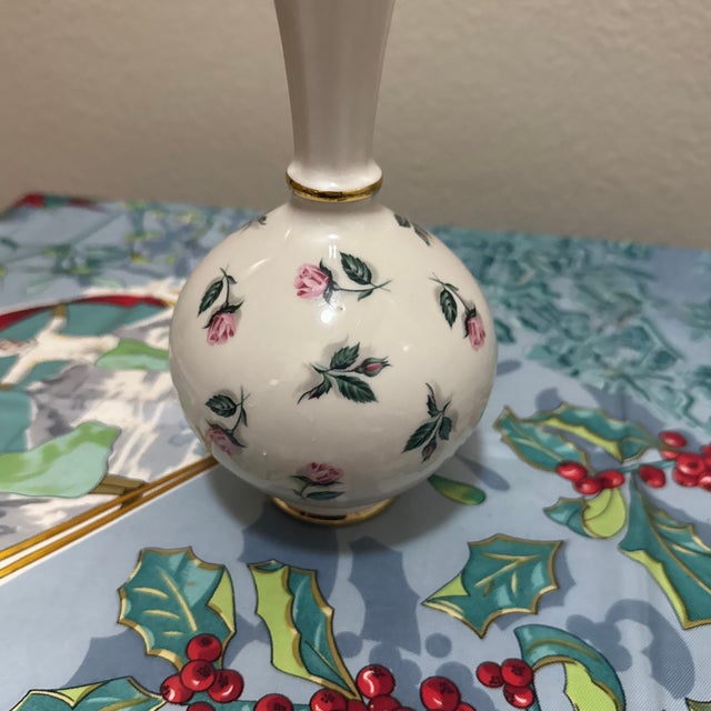 French Vintage Elynor China Bud Vase - Pink Rosebud Pattern With 22k Gold Trim For Sale - Image 3 of 8