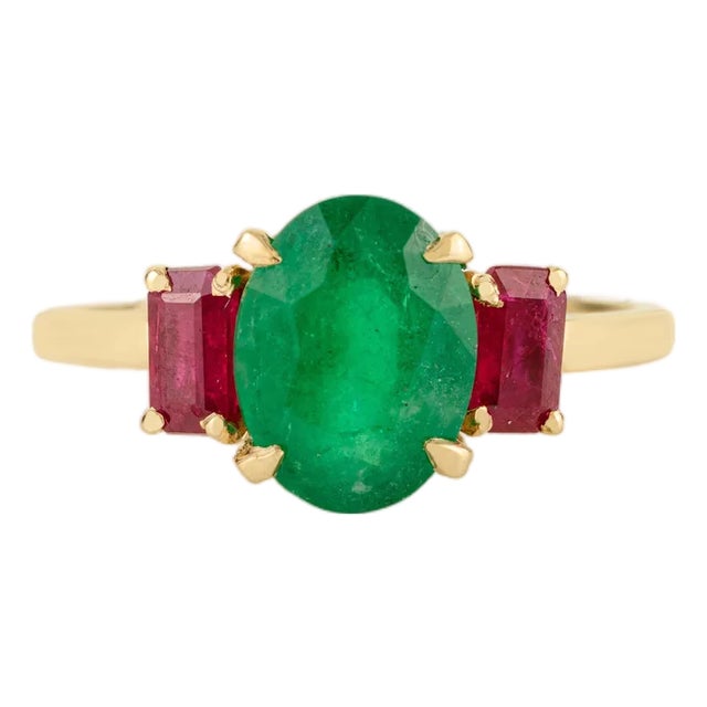 14k Solid Gold Emerald Ruby Past Present Future Ring Size 6 For Sale