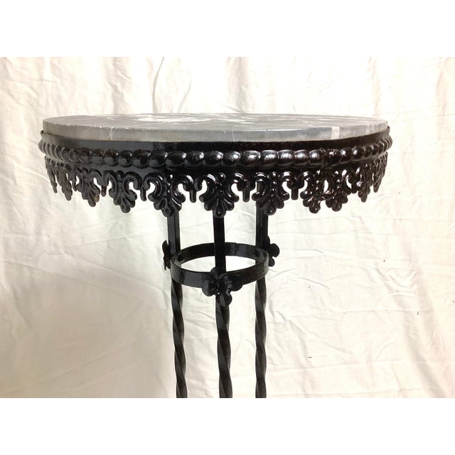 Metal Antique Round Black & White Marble Top Wrought Iron Pedestal Stand For Sale - Image 7 of 7