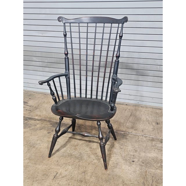 d.r. Dimes Black Fan Back Carved Windsor Arm Chair Bench Made New Hampshire For Sale In Cleveland - Image 6 of 12