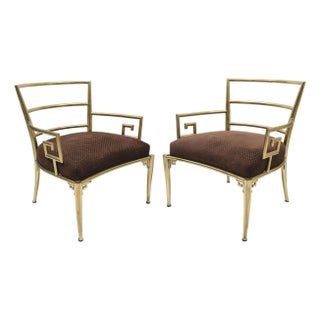 Vintage Mastercraft Greek Key Brass, Upholstered Side Chairs, 1960's, Pair Of For Sale