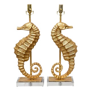 19th Century Gilt Metal Seahorse Table Lamps on Lucite Bases - a Pair For Sale