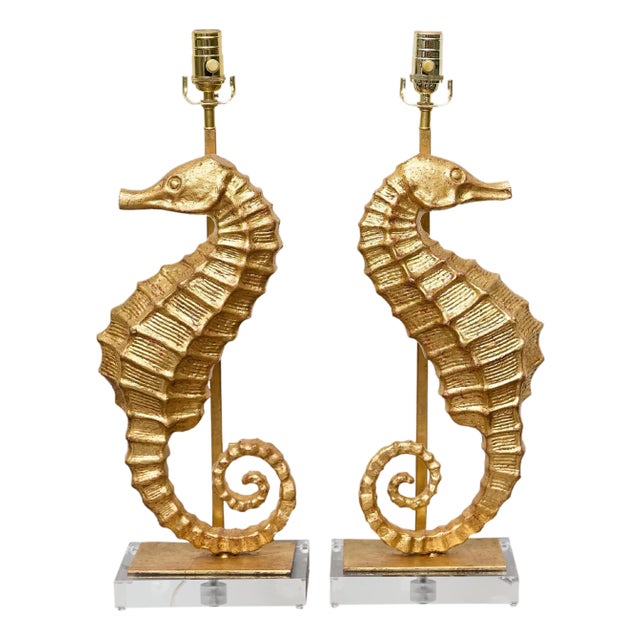 19th Century Gilt Metal Seahorse Table Lamps on Lucite Bases - a Pair For Sale