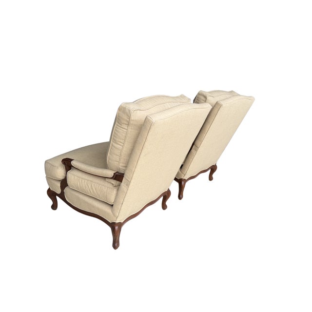 Pair of Vintage Hickory Chair Louis XV Bergère Armchairs – French Provincial Upholstered Accent Chair With Carved Wood Frame For Sale - Image 9 of 16