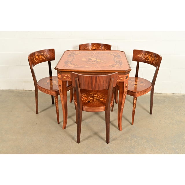 French Italian Louis XVI Kingwood Inlaid Marquetry Flip Top Game Table With Four Chairs For Sale - Image 3 of 15