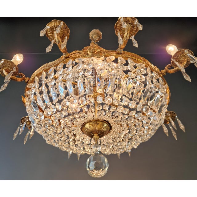 1920s Antique Oval Crystal Chandelier Louis XVI Revival Empire Style Brass 12 Lights For Sale - Image 5 of 13
