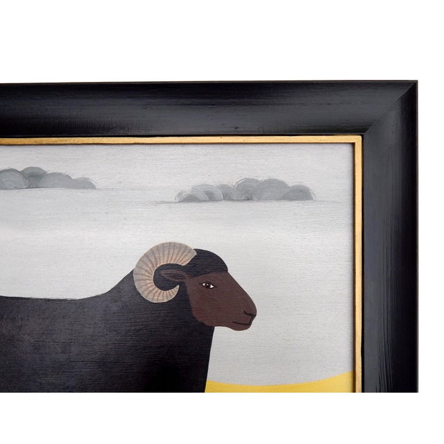 A charming naïve folk art painting by British artist Matt Rix, depicting a handsome black ram standing proudly in profile...