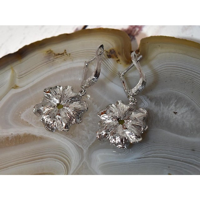 Lime Artisan Peridot Citrine Flower Dangle Earrings Sterling Silver 18k Gold Vermeil Drops, A Pair For Sale - Image 8 of 13