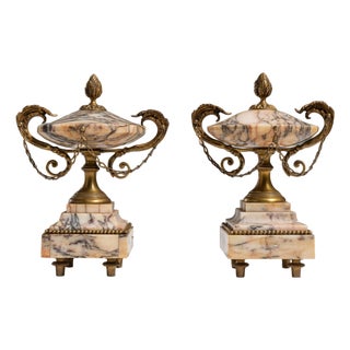 Pair of 19th Century French Rose Louis XVI Marble & Brass Cassolettes For Sale