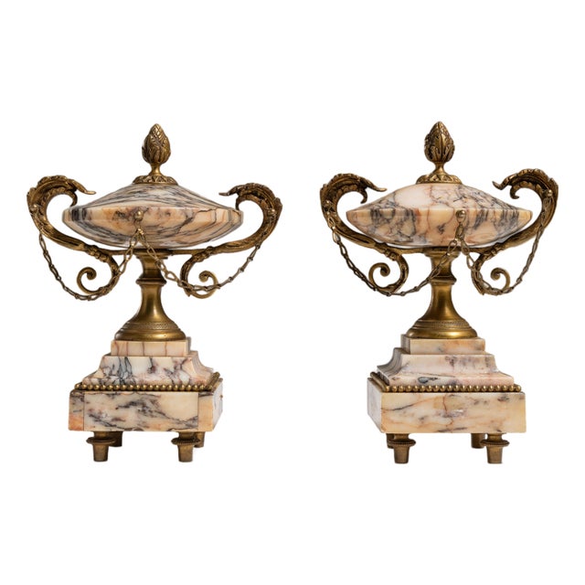 Pair of 19th Century French Rose Louis XVI Marble & Brass Cassolettes For Sale