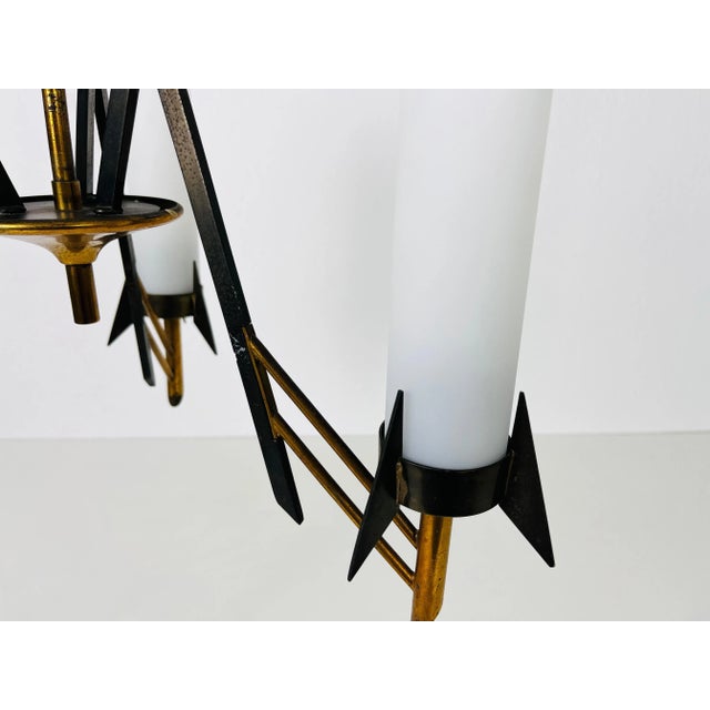 Italian Mid-Century Brass and Opaline Glass 3-Arm Chandelier, 1960s For Sale - Image 11 of 11