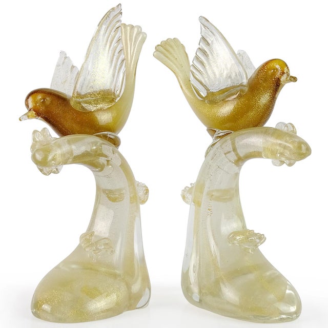 Mid-Century Modern Murano Vintage Salviati White Amber Gold Italian Art Glass Birds Centerpiece Sculptures - A Pair For Sale - Image 3 of 5
