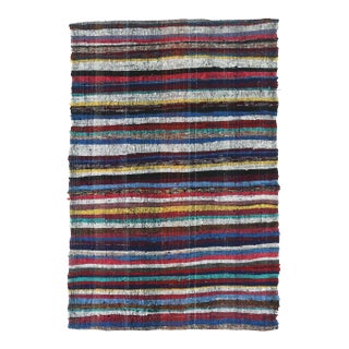 Vintage Turkish Oushak Handmade Wool Cotton Blue Kilim Area Rug For Sale