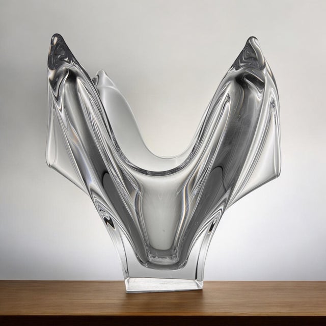 Hand-blown French crystal bowl by Cofrac Art Verrier with a sculptural free-form shape — square base with four lobes...