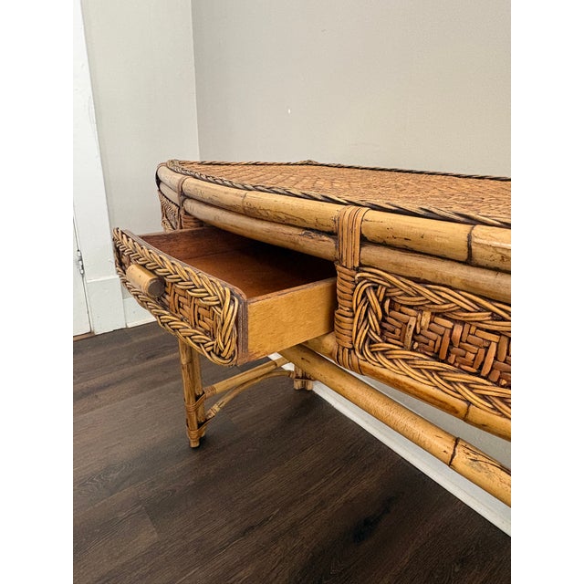 Hollywood Regency 1970s Wicker and Bamboo Writing Desk/Vanity For Sale - Image 3 of 14