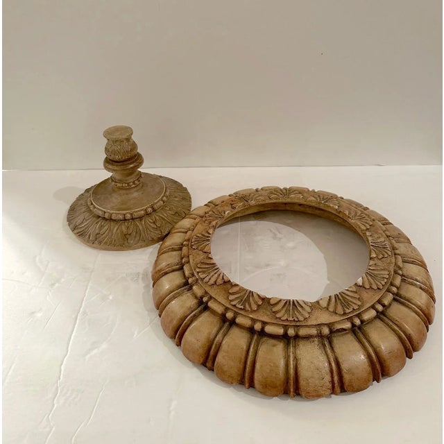 Pair of beautifully hand carved alabaster urns with removable lids and outer rims to create an open vessel.