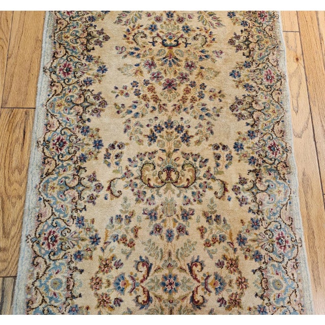 Vintage Persian Kerman Runner, Handwoven Allover Floral Pattern, Ivory & Blue, 3’ X 12’ For Sale In Chicago - Image 6 of 10