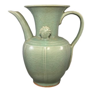 Antique Chinese Longquan Celadon Ewer, Floral‑Decorated Handle For Sale
