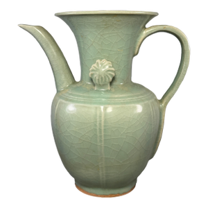 Antique Chinese Longquan Celadon Ewer, Floral‑Decorated Handle