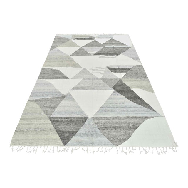 Abstract Kilim Rug 8’9” X 12’3” White Gray Wool Handwoven Carpet For Sale