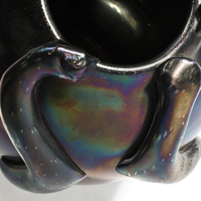 Mid-Century Hand-Blown Murano Iridescent & Black Glass Vase W/ Sculptural Detail For Sale - Image 13 of 14