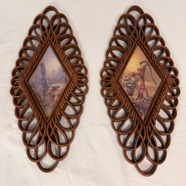 Vintage 1975 Burwood Products Co Wall Plaques Set 2 Country Scenes Brown Retro For Sale - Image 4 of 10