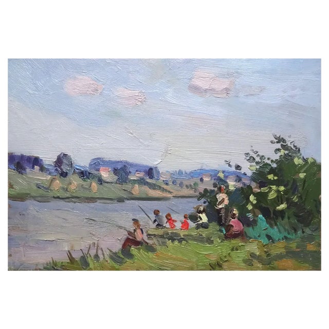 Olgerts Saldavs, Fishermen by the River, Oil on Cardboard For Sale