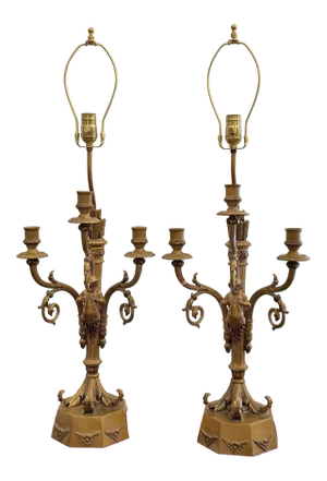 Hollywood Regency Candelabra Lamps W Trumpet Playing Putti - Paris Foundry - a Pair