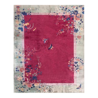 1920s Dark Pink Floral Antique Chinese Art Deco Rug 9'2" X 11'8" Handknotted Wool Carpet For Sale