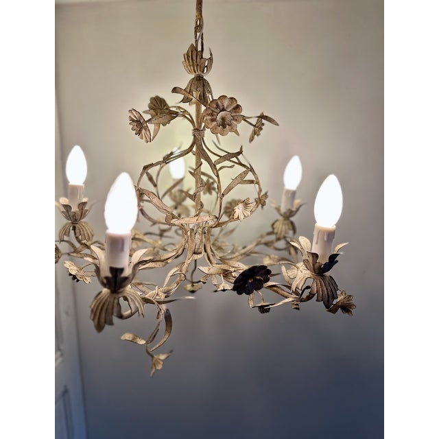 Cream Vintage Italian Floral Tole 5-Light Chandelier in Cream Painted Metal, 1960s For Sale - Image 8 of 12