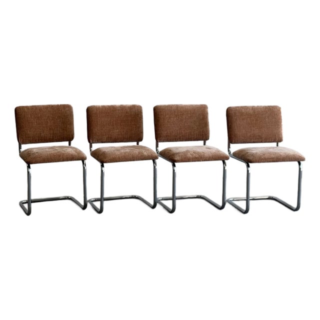 1970s Chrome Cantilevered Dining Chairs in Chenille For Sale