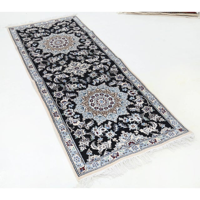 Traditional Navy Blue Fine Hand Knotted Silk & Wool Nain Runner For Sale - Image 3 of 4