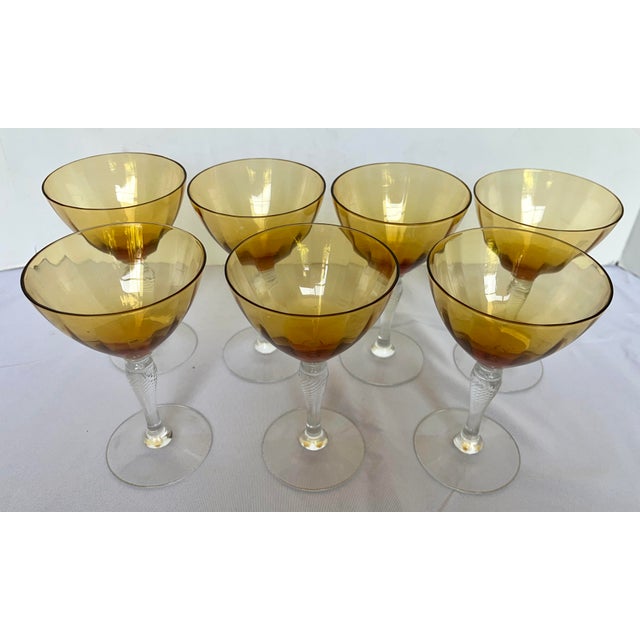 1930s 1930s Mid-Century Cambridge Glass Amber & Clear Stem Champagne Coupes - Set of 7 For Sale - Image 5 of 18