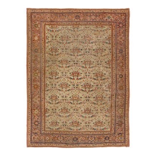 Antique Floral Sultanabad Hand-Knotted Wool Rug in Tan-Beige For Sale