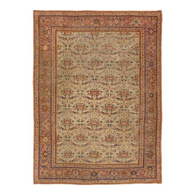 Antique Floral Sultanabad Hand-Knotted Wool Rug in Tan-Beige For Sale