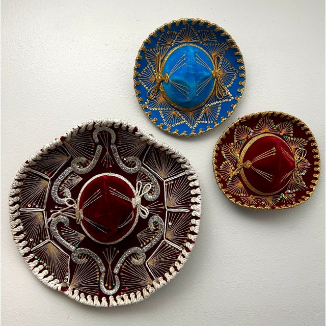 Oxblood Red Set of 3 Vintage Mexican Charro Mariachi Sombreros, Pigalle & Salazar Yepez, Folk Art Wall Decor For Sale - Image 8 of 9