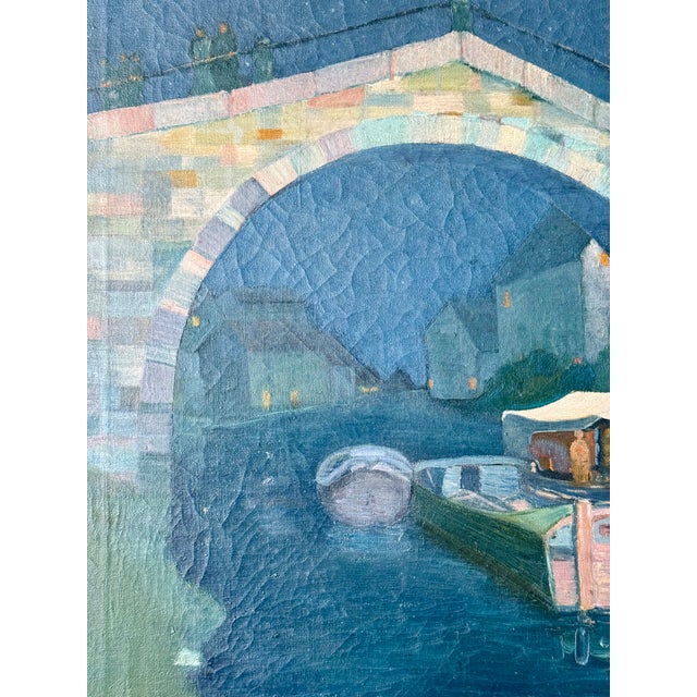 Vintage Oil on Canvas European River Town at Night For Sale - Image 10 of 14