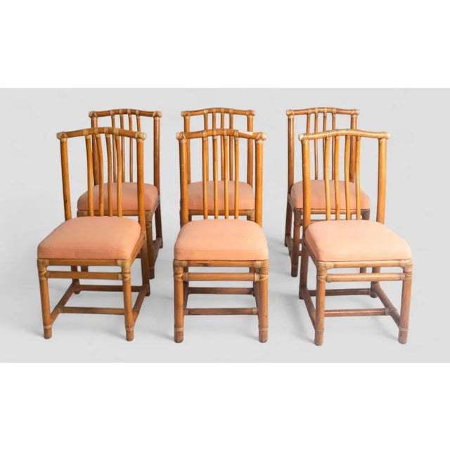 Rustic Vintage Bamboo Chairs with Peach-Colored Upholstered Seats, Set of 6 For Sale - Image 3 of 10