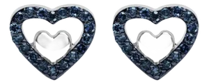 925 Sterling Silver 1/6 Cttw Blue Diamond Open Double Heart Stud Earrings (Treated Blue Color, I3 Clarity)