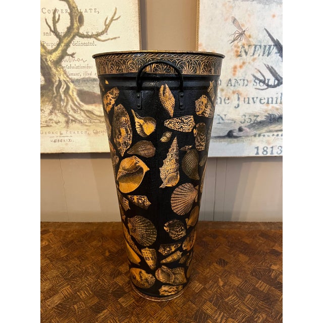 Vintage English Planter Jardiniere Urn Shell Decoupage Black Tole Coastal Décor For Sale - Image 12 of 17