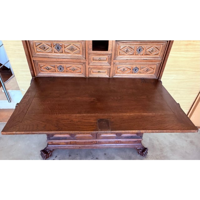 !9th Spanish Solid Walnut Cabinet on Stand or Bargueño, Desk For Sale - Image 12 of 18