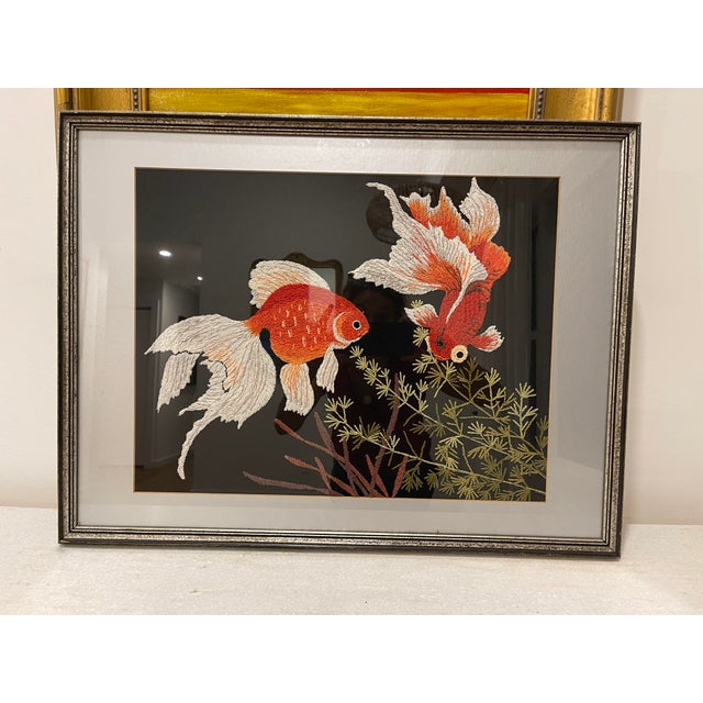 Chinese Vintage Chinoiserie Embroidered Koi Framed Artwork For Sale - Image 3 of 11