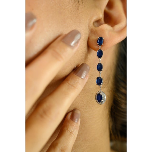 Long Dangle Blue Sapphire Statement Earrings in 14k Gold- A Pair For Sale In New York - Image 6 of 9