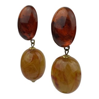 1970s Retro Lucite Amber Orange Oval Dangle Earrings, A Pair For Sale