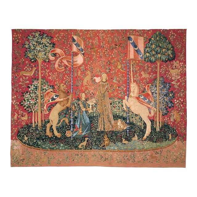 La Dame a La Licorne 'Le Gout' Silkscreen Tapestry - 84 X 107 Cm (2'9" X 3'6") - Requires Rod Size 3 For Sale