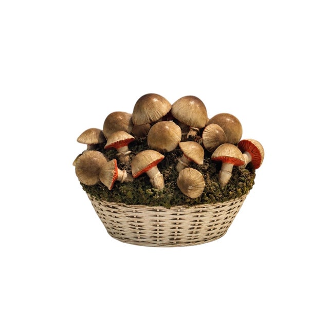 Vintage Italian Tromp l'Oeil Hand-Painted Woven Ceramic Basket of Mushrooms For Sale - Image 4 of 17