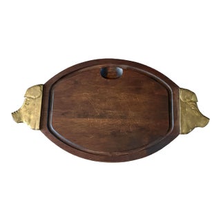 Vintage Mid-Century Walnut Carving Board With Solid Brass Pig Head Handles | Sculptural Charcuterie & Serving Board For Sale