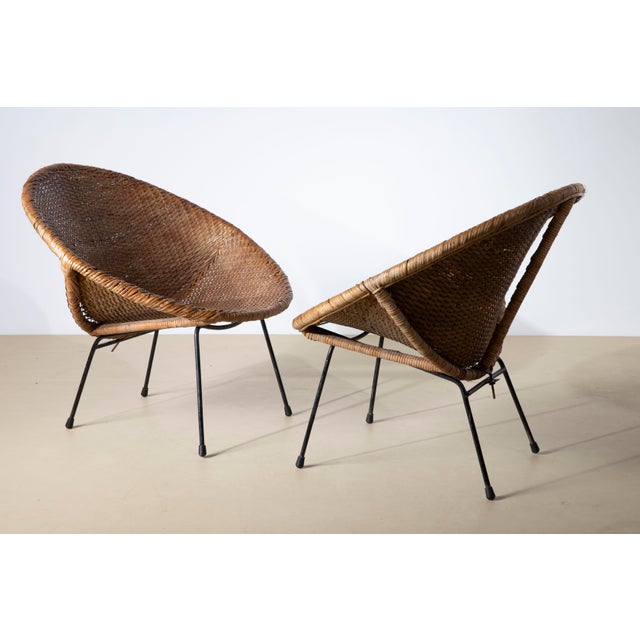 Mid-Century Modern Woven Rattan and Metal Cone Chairs, Italy, 1950s, Set of 2 For Sale - Image 4 of 10